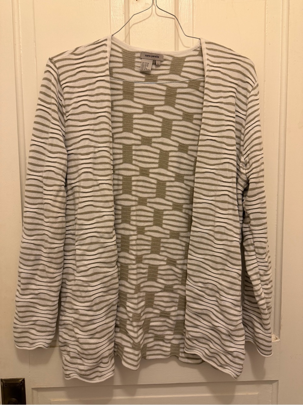 Dana Buchman Open-Front Striped Cardigan in White and Olive